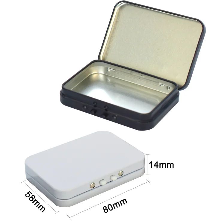 Child-resistant metal tin box · 80 × 58 × 14 mm